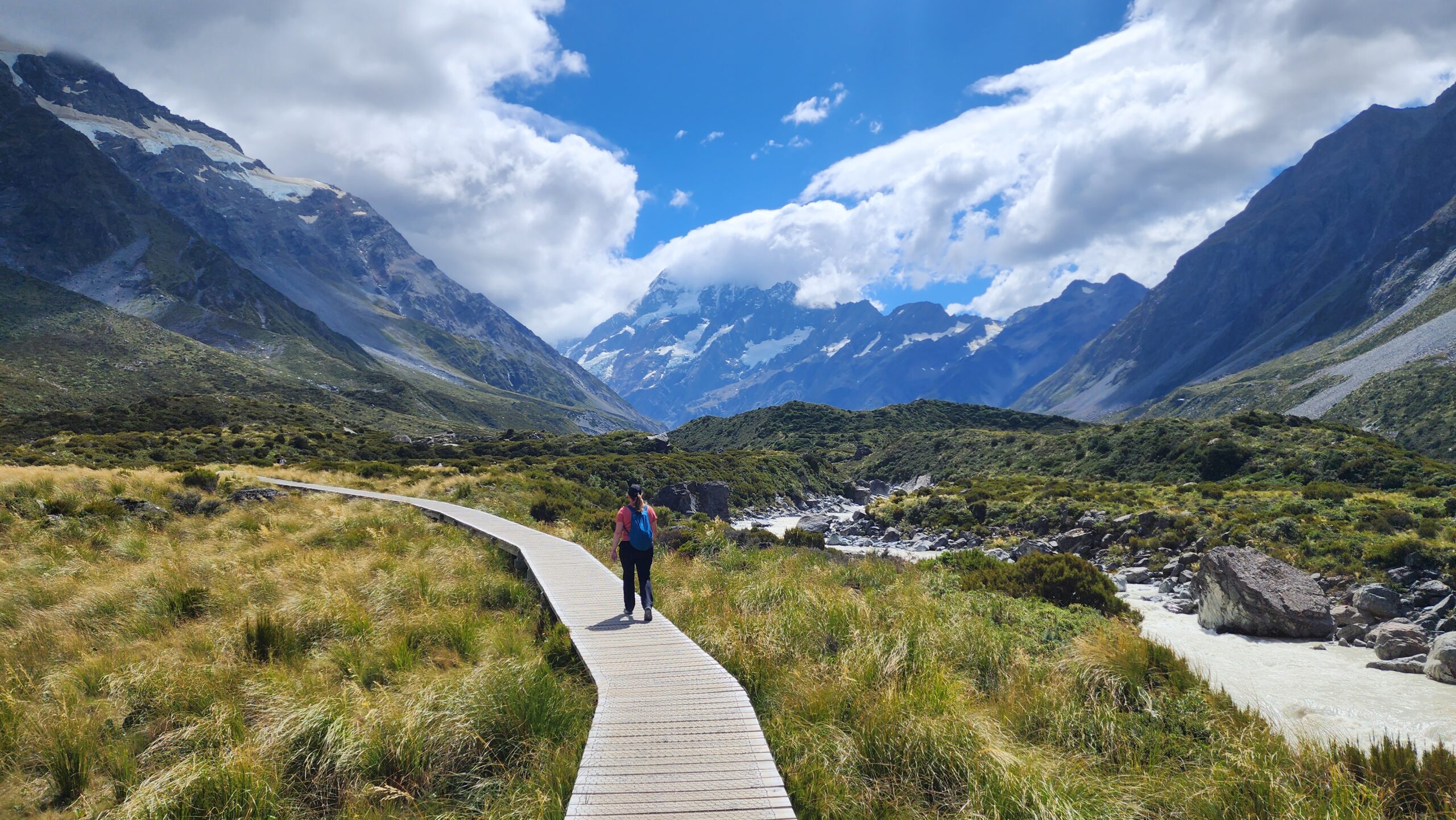 Melissa walking on the Hooker Valley Track, South Island, New Zealand.
